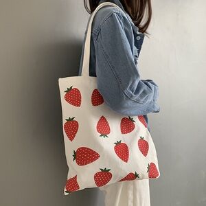 Strawberry Print Canvas Tote Bag with Zipper